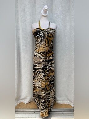 Y2K Sky halter tan black animal print maxi dress with chain neckline